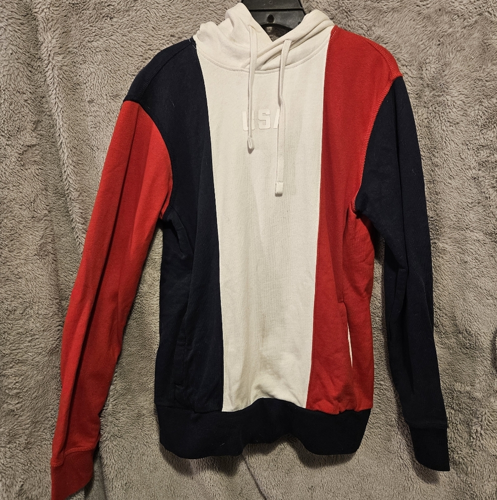 American Eagle Hoodie Mens, Size XS USA Patriotic Sweatshirt, Red, White, Blue